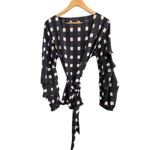 Banana Republic Blouse Womens M Blue & White Check Wrap Tie Waist Ruffle